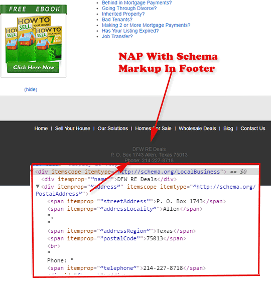 NAP with schema markup on real estate investing website