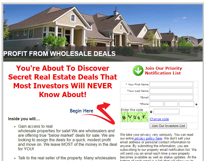 Squeeze page for wholesale real estate investor buyers